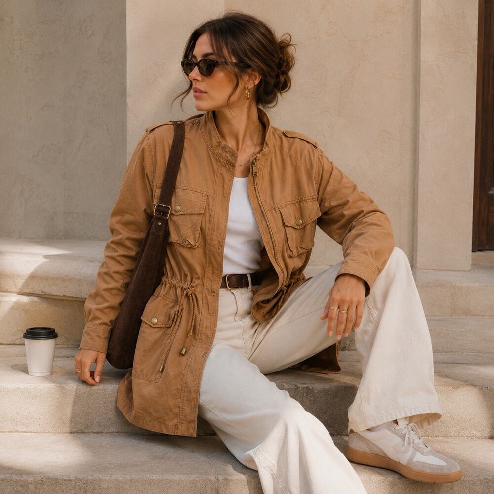 She + Sky Utility Jacket Womens Large Tan Safari Military Chic Zip Up Earth Tone
